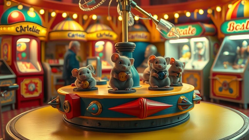 a whimsical scene of mice  In a local amusement arcade