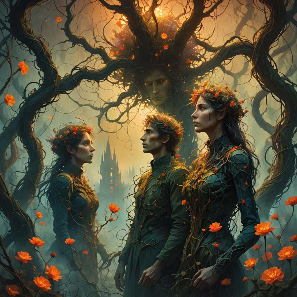 Surreal Fantasy Scene with Thorny Vines and Flowers