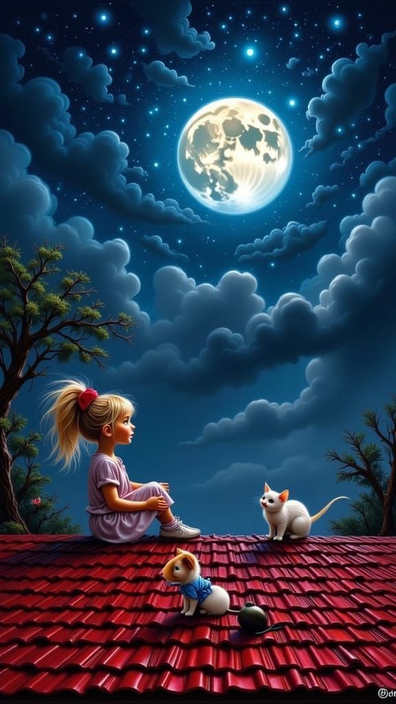 a little girl sitting with mouse and cat on roof imagining