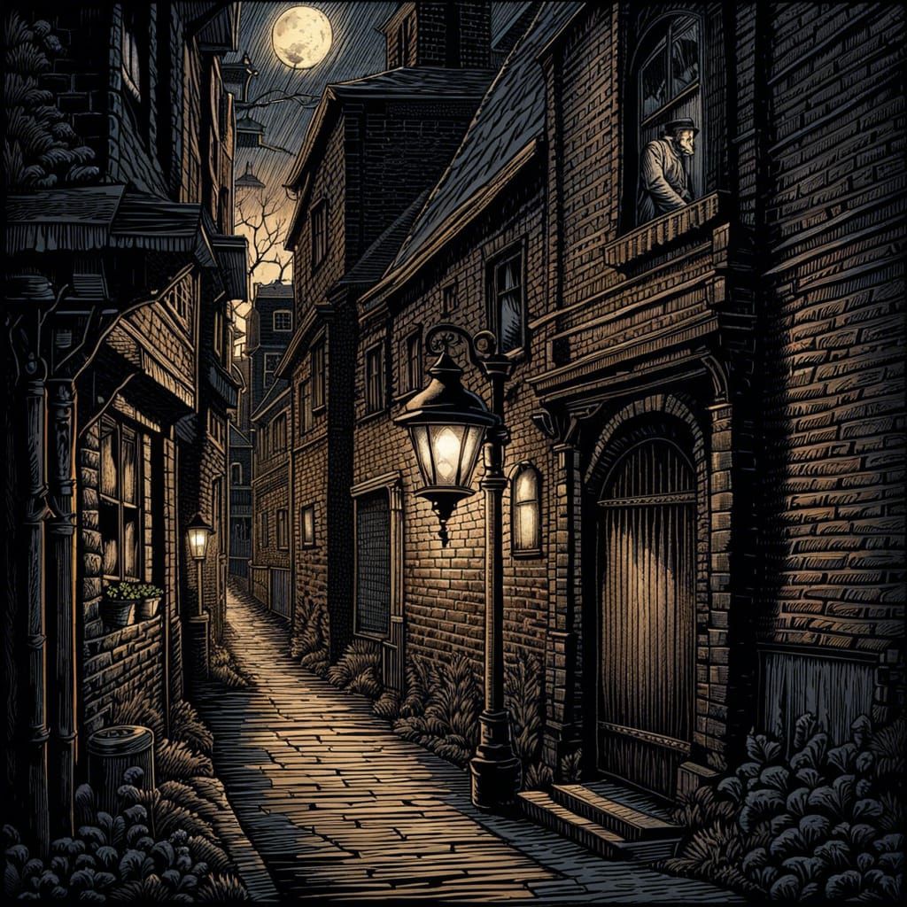 Mysterious Victorian Stranger in Dark Alley: Scratchboard Ar...