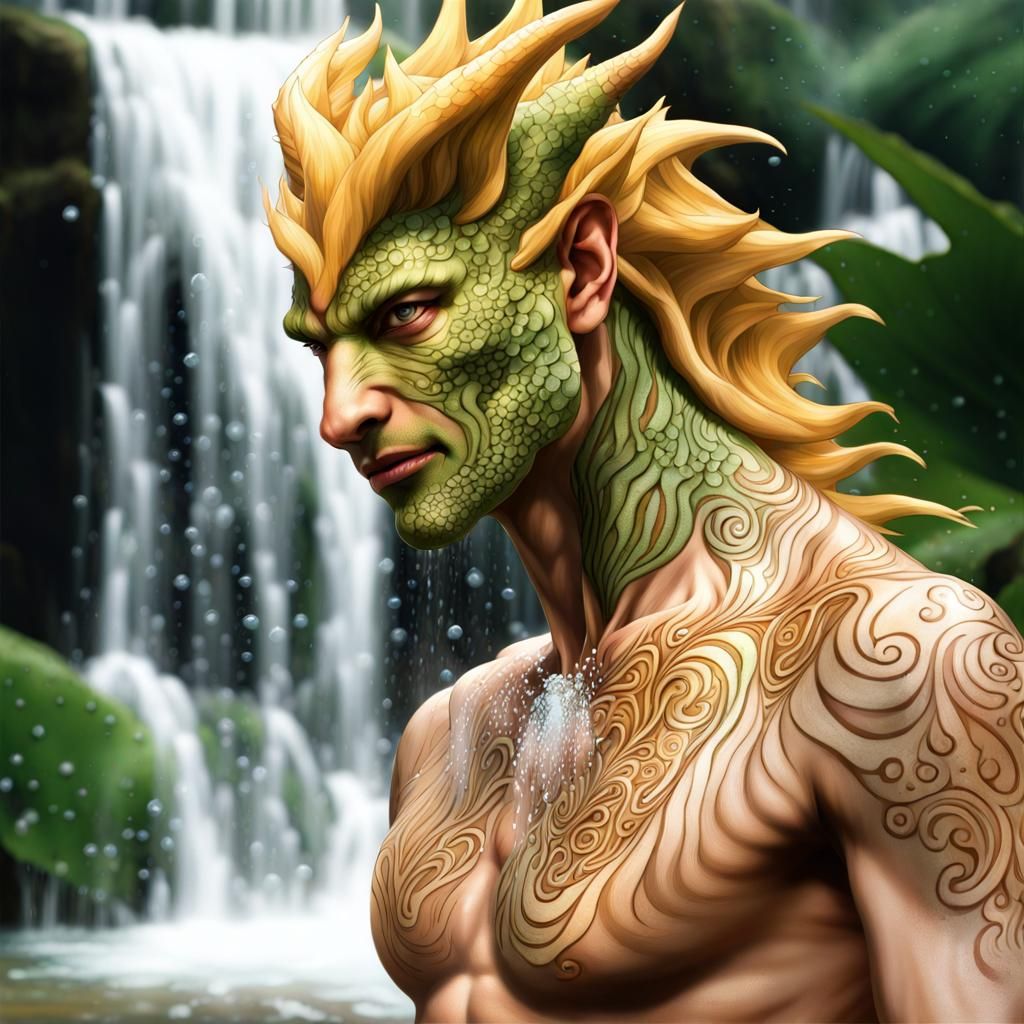 Henna Dragon-Man Under Spiral Waterfalls