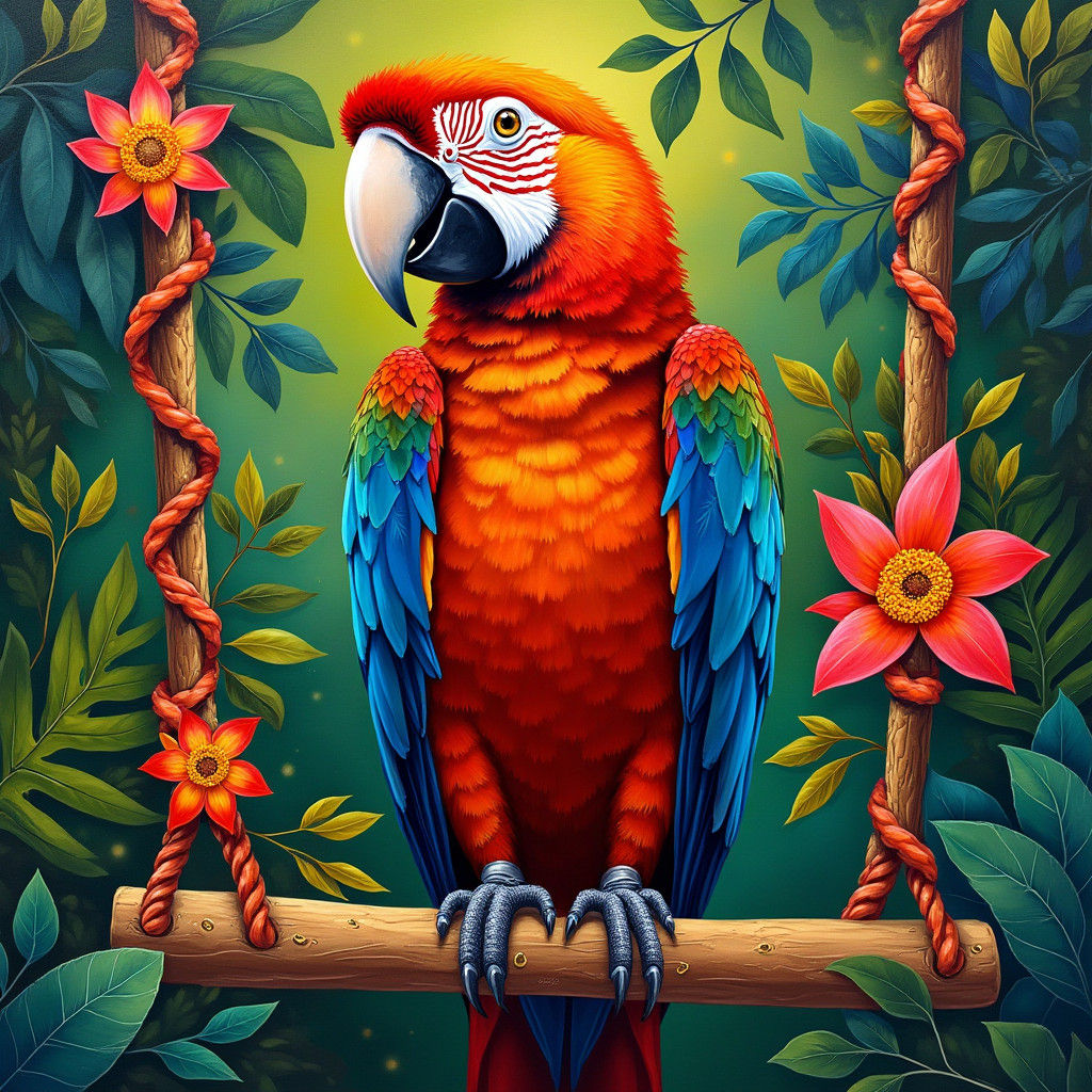 Parrot Portrait in Naive Art Nouveau Style
