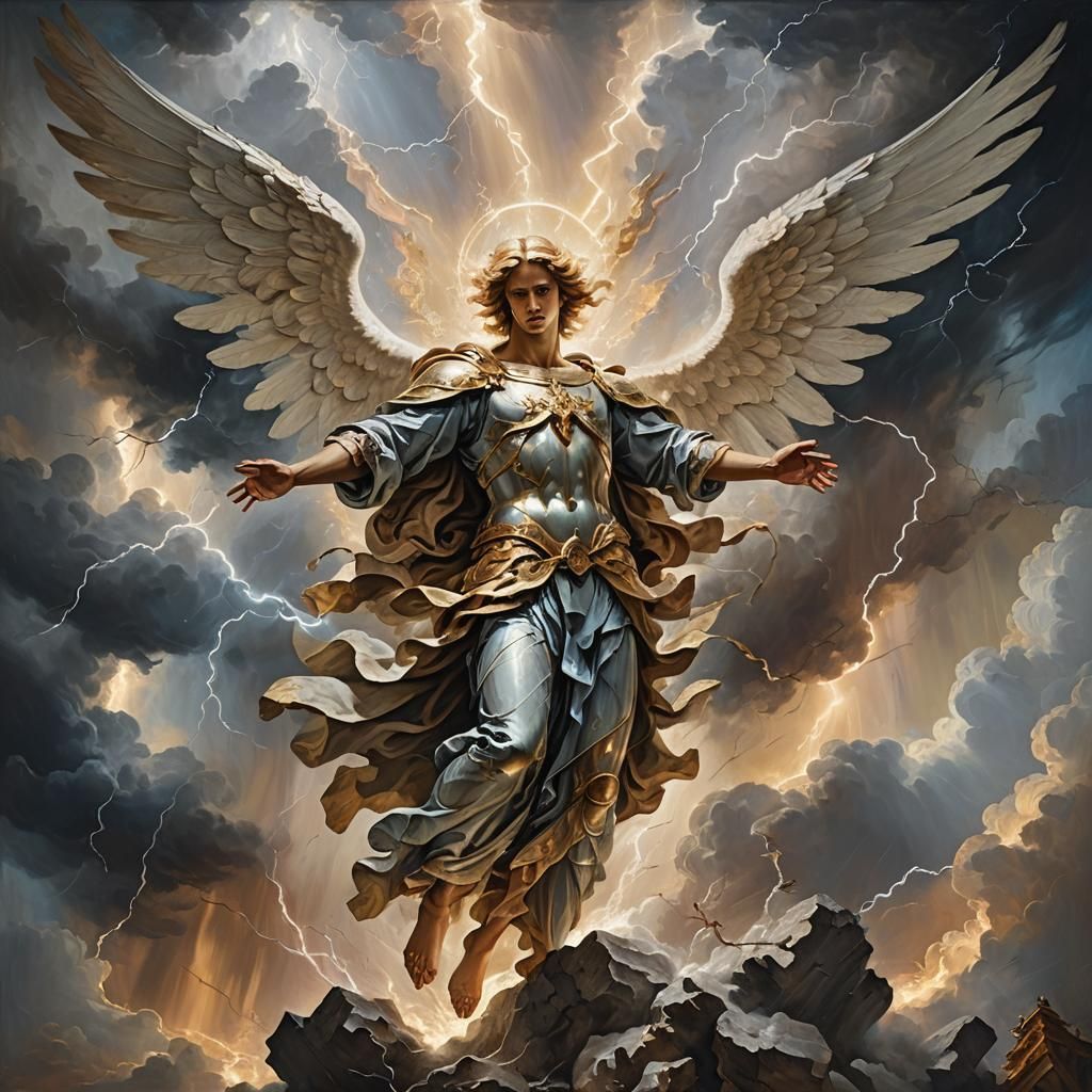 Depict the battle between heaven and the fallen angels, The ...