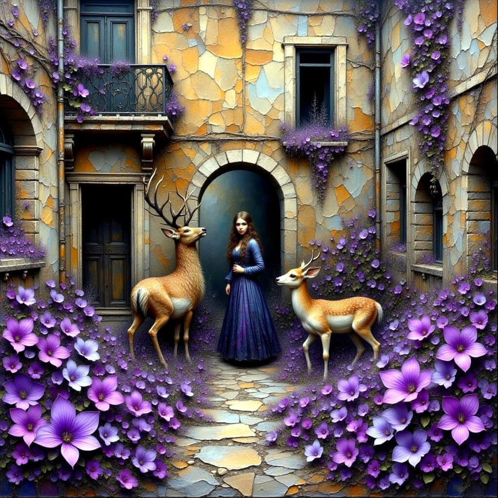 Whimsical Violet Courtyard Scene in Crinkled Metallics Style