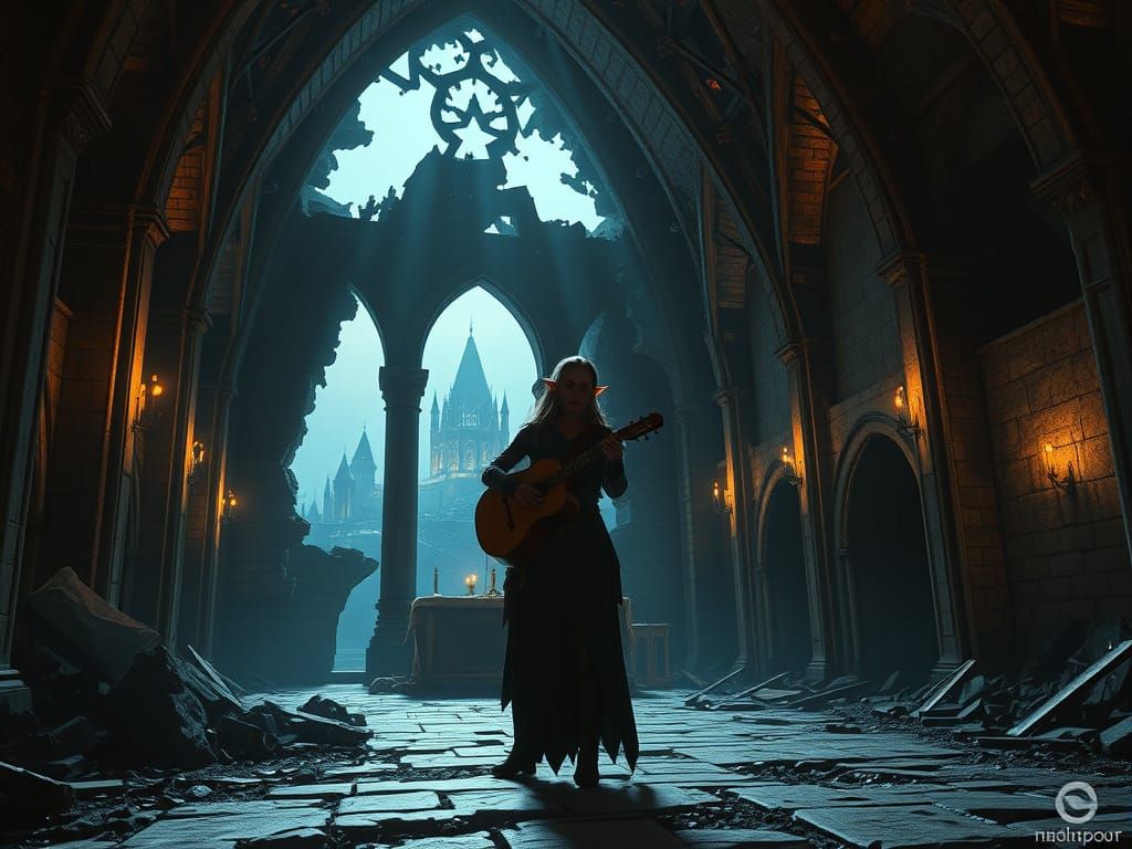 Epic Fantasy Ruined Temple with Elf Knight