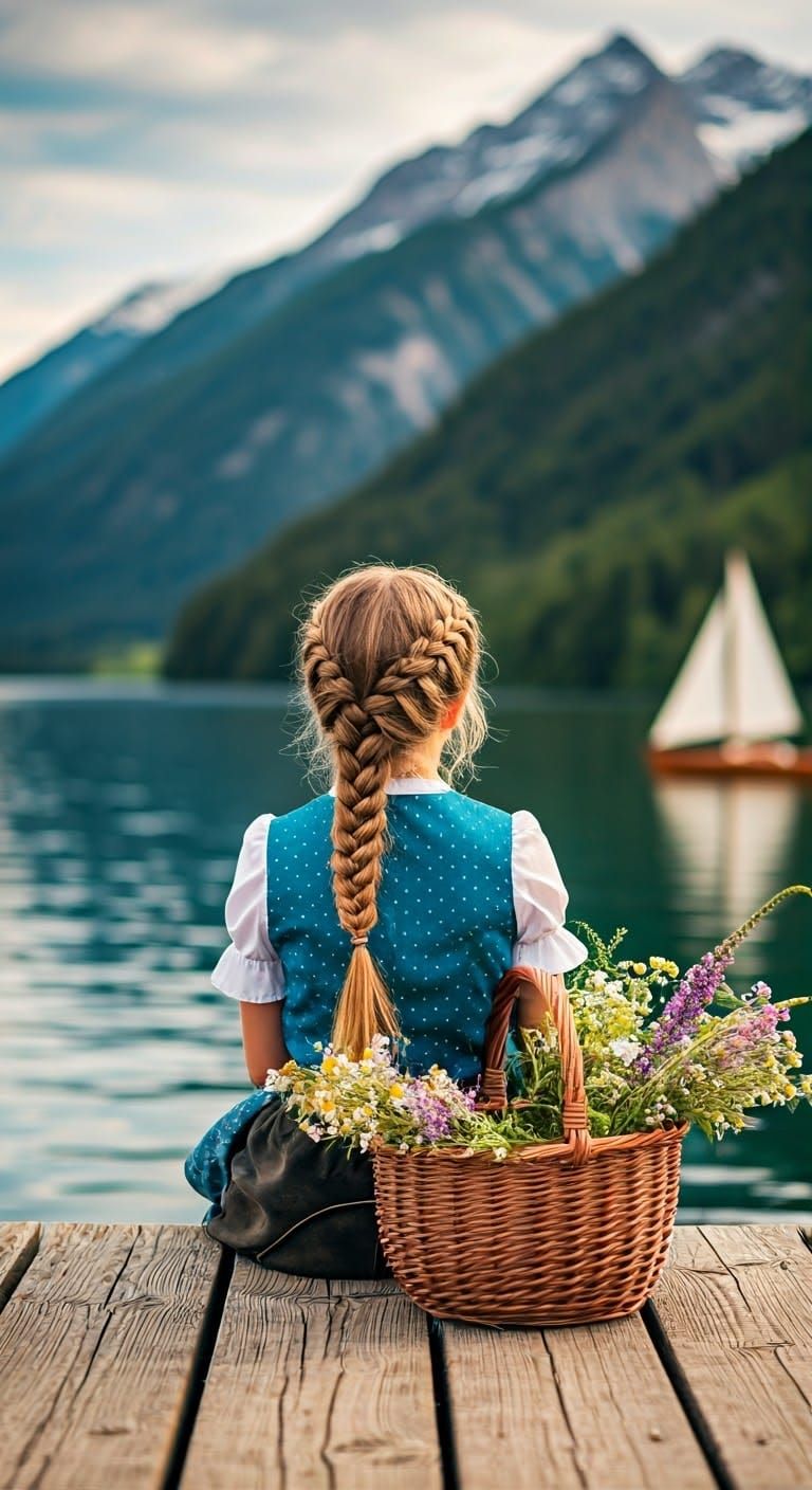 Bavarian Girl by Lake: A Romantic Era Scene