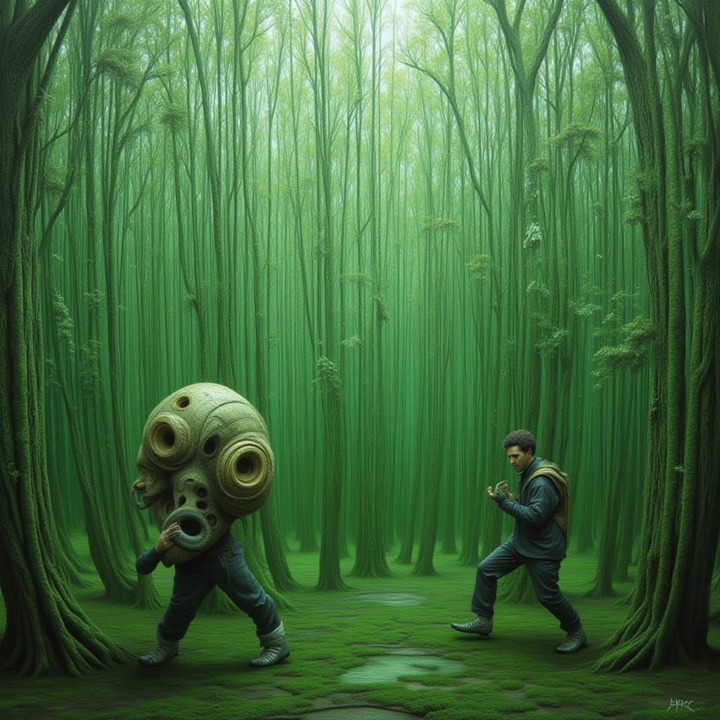 Surreal Alien Burden: Olmec Statue in Green Cave