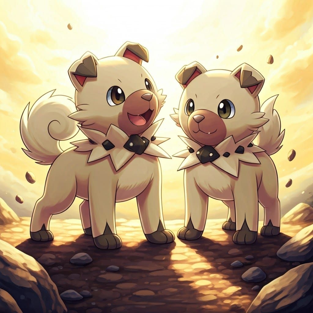 Adorable Rockruff Pokémon Play on Sun-Kissed Rocky Outcroppi...