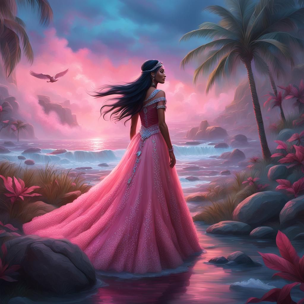 Pocahontas in Pink Wedding Dress, Detailed Matte Painting
