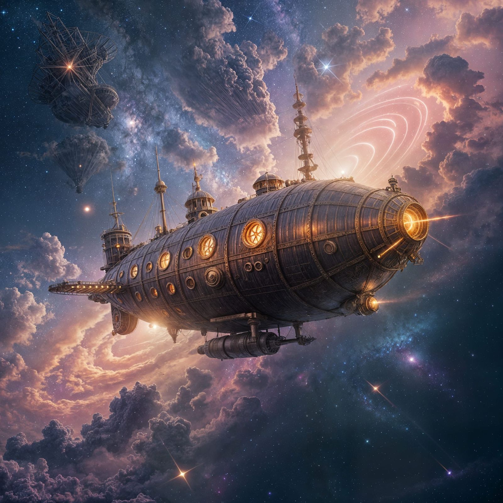 Steampunk Airship Drifting Through a Cosmic Nebula