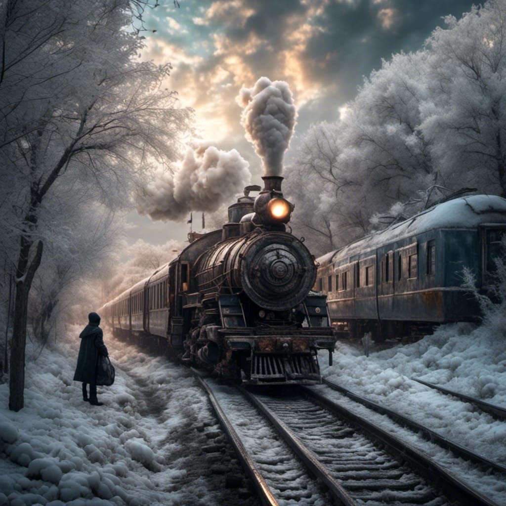 Hyperrealistic Russian Teen on Winter Train Platform