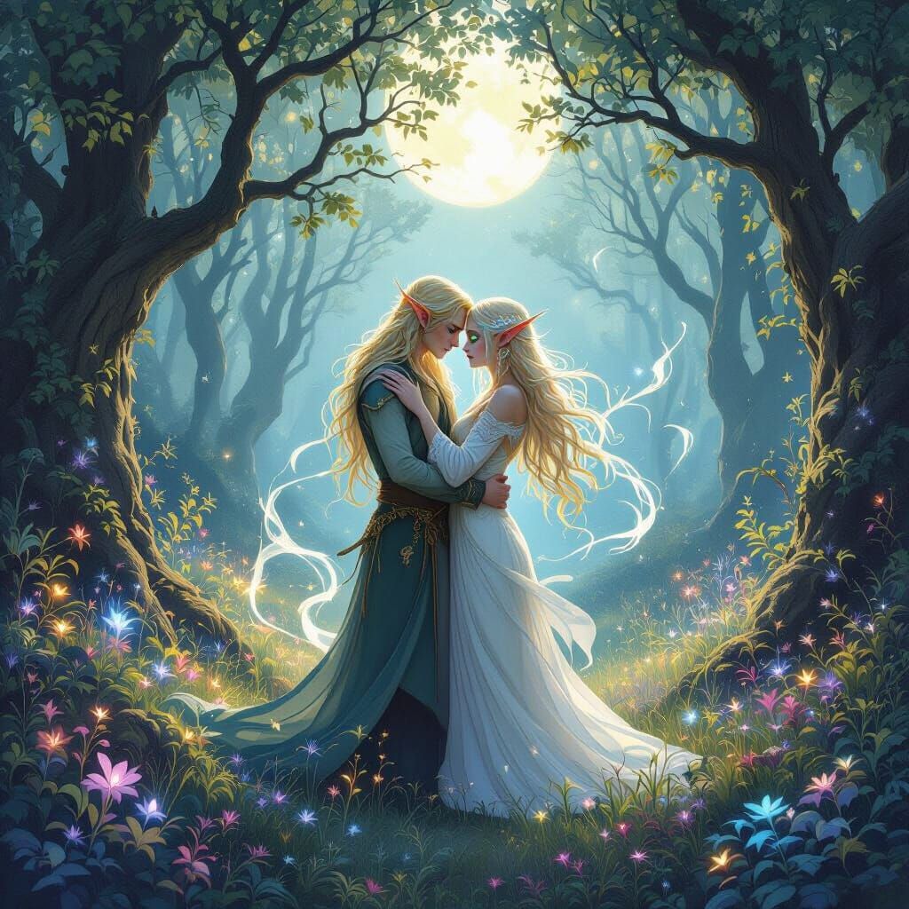 Mystical Elven Embrace Under Ethereal Moonlight