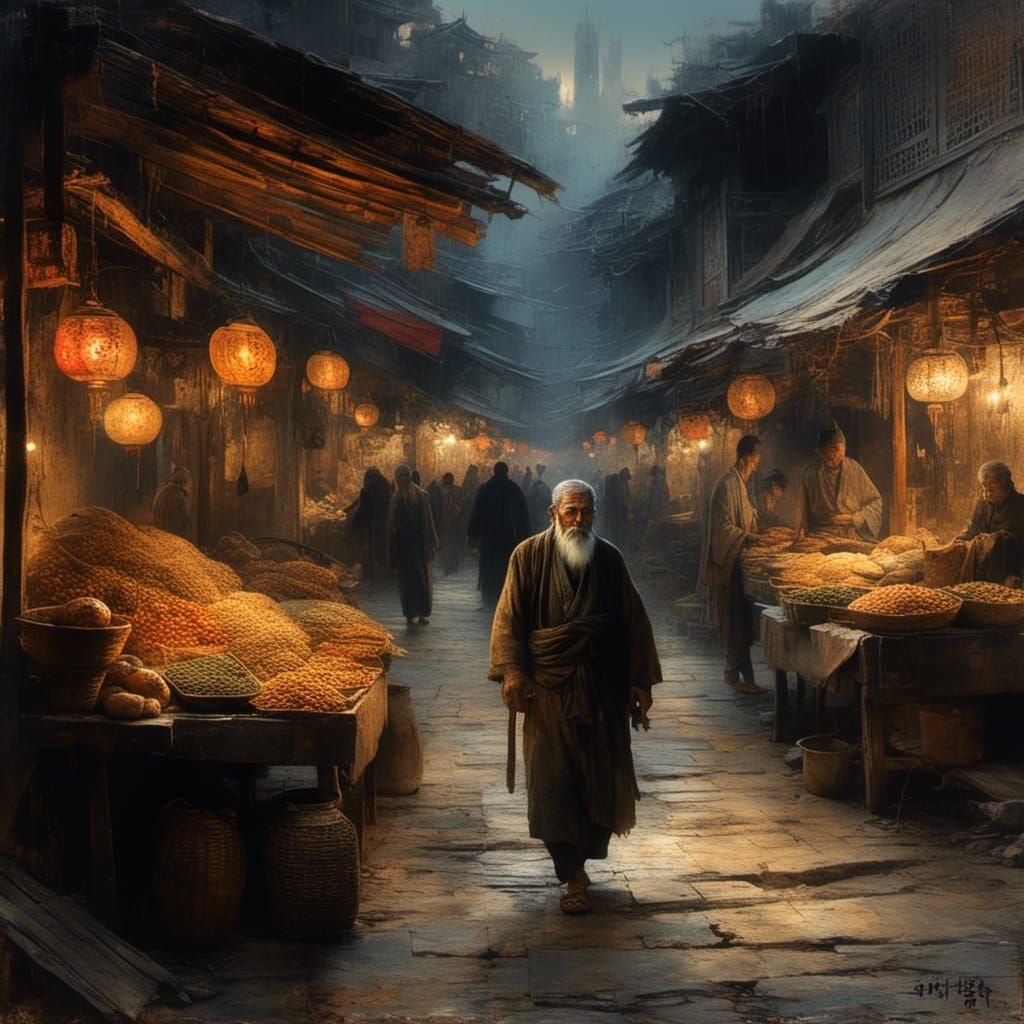 Lone Traveler in Bustling Twilight Market