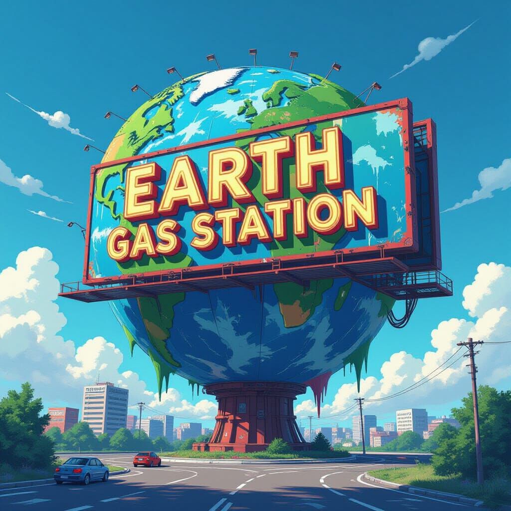 Earth Gas Station: Vibrant Anime-Style Billboard