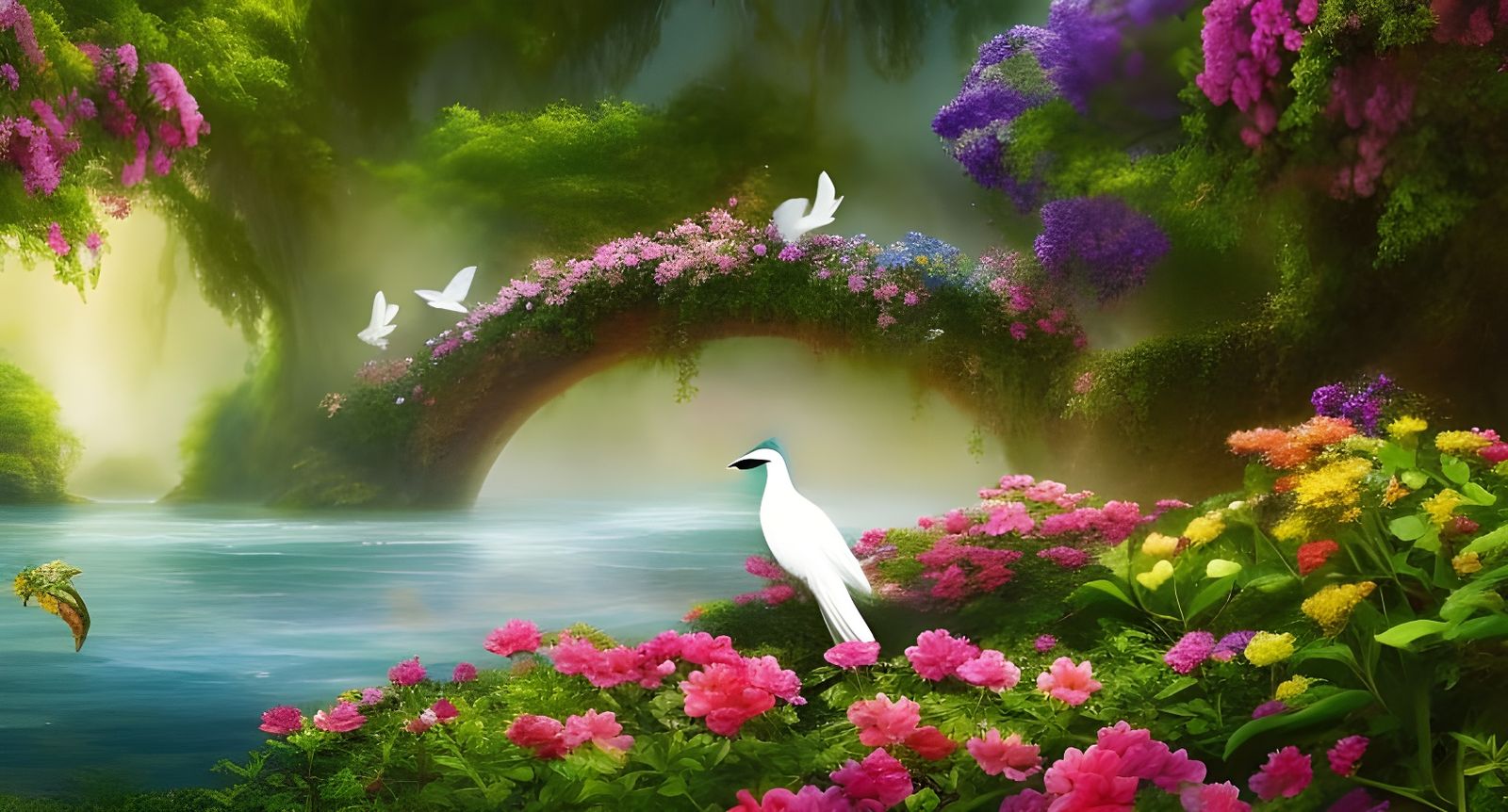Dove with Floral Heart in Paradise Garden: Matte Painting