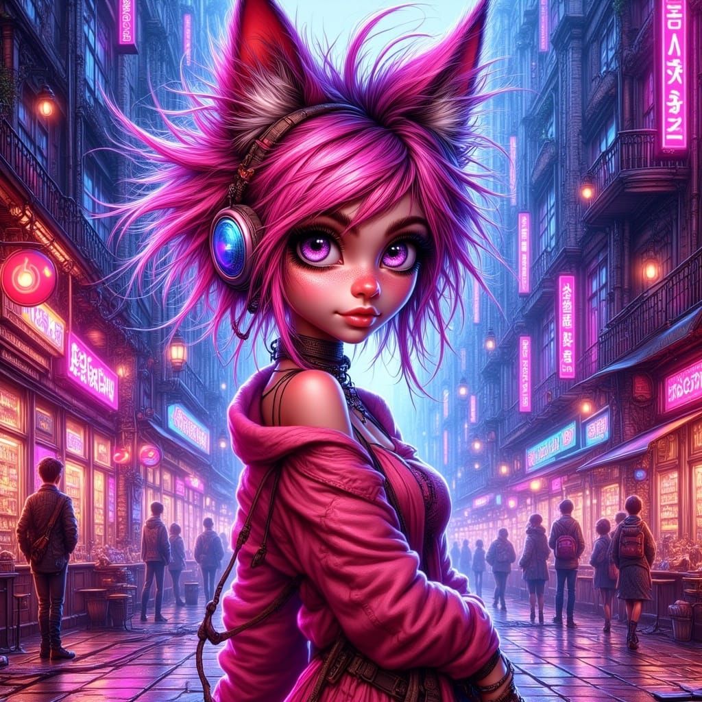 Cyberpunk Fox Girl in Neon Pink Haze