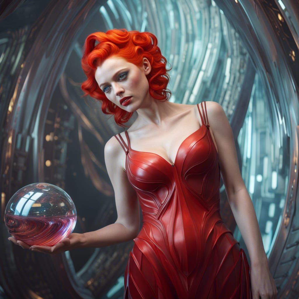 Redhead Woman with Quicksilver Sphere, Detailed Digital Art