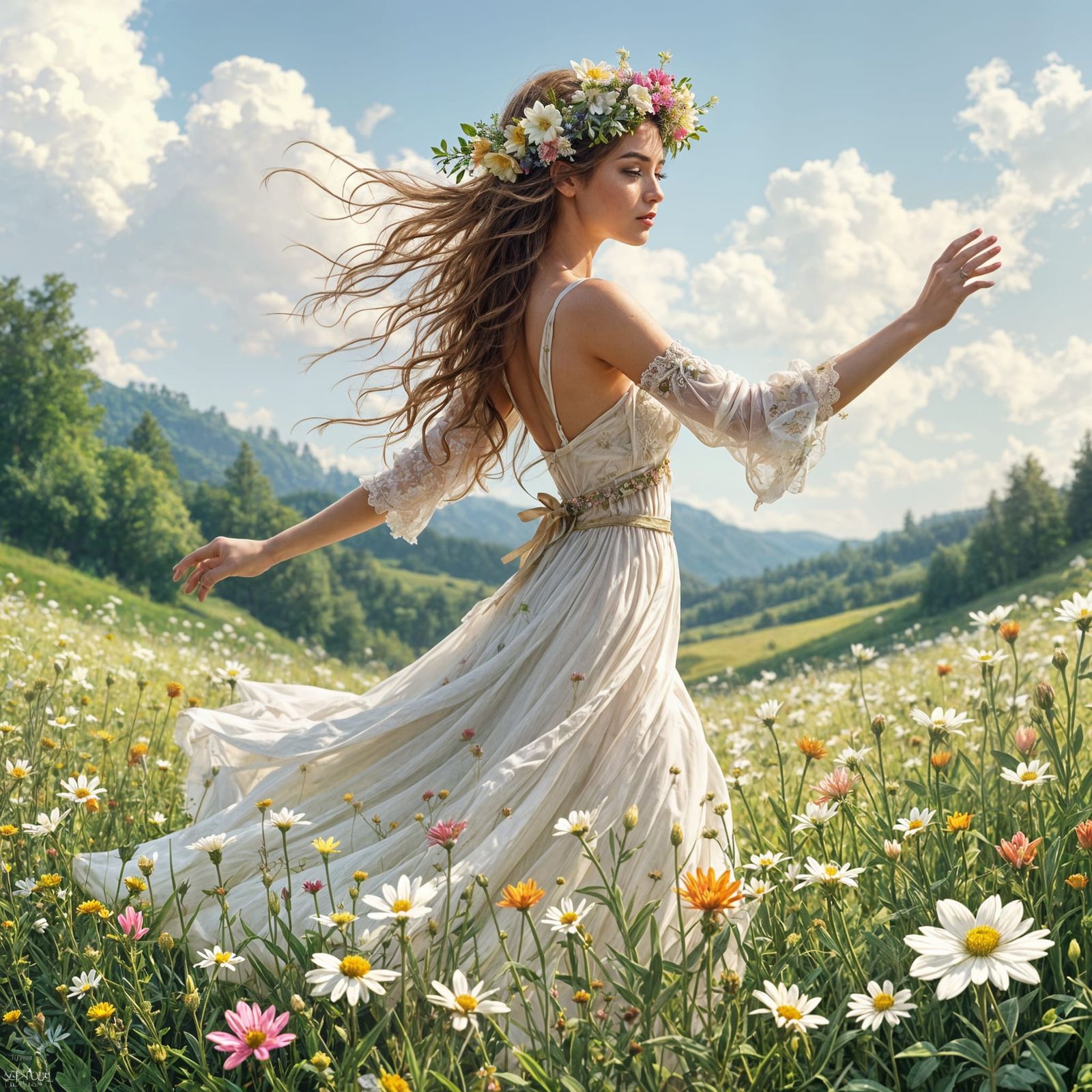 A Pretty Wench Dances in a Spring Meadow