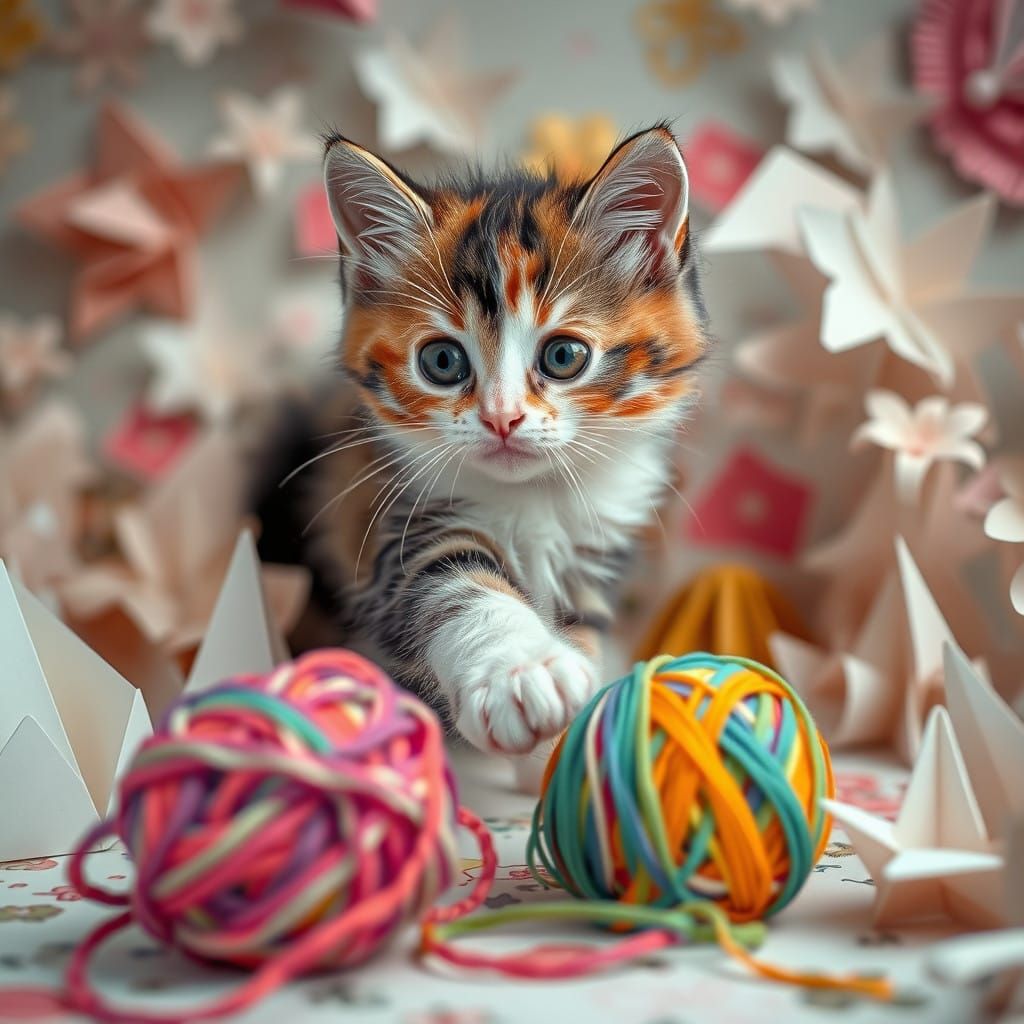 Playful Calico Kitten Amidst Whimsical Origami and Stationer...