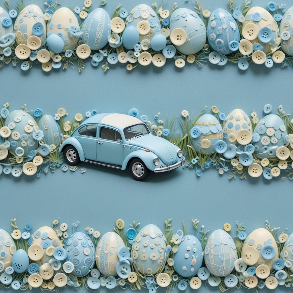 Pastel Blue Beetle Car in Easter Egg Wonderland