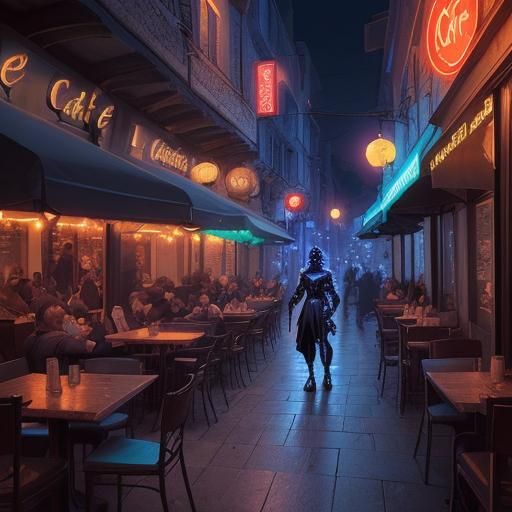 Cyberpunk Cafe in Medieval France at Night