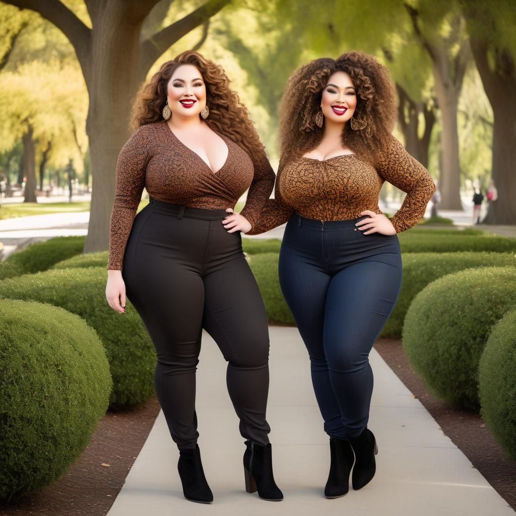Curvy Mother-Daughter Stroll in a Lush Park