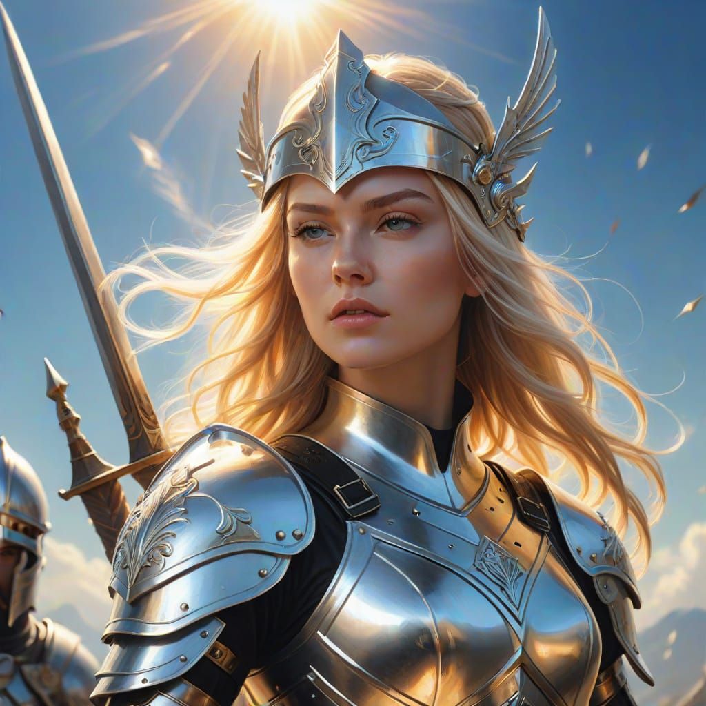 Radiant Woman in God Armor with Flaming Arrows