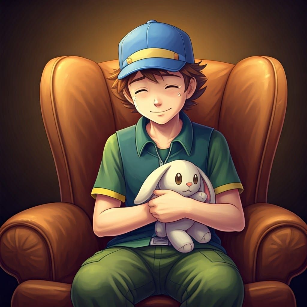 Pokémon Trainer Ritchie Hugs Bunny Plushie in Cozy Home Scen...
