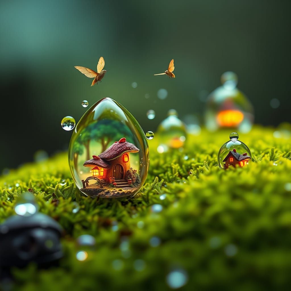 Hyper-Realistic Faerie Kingdoms Amidst Dewdrops on Emerald M...