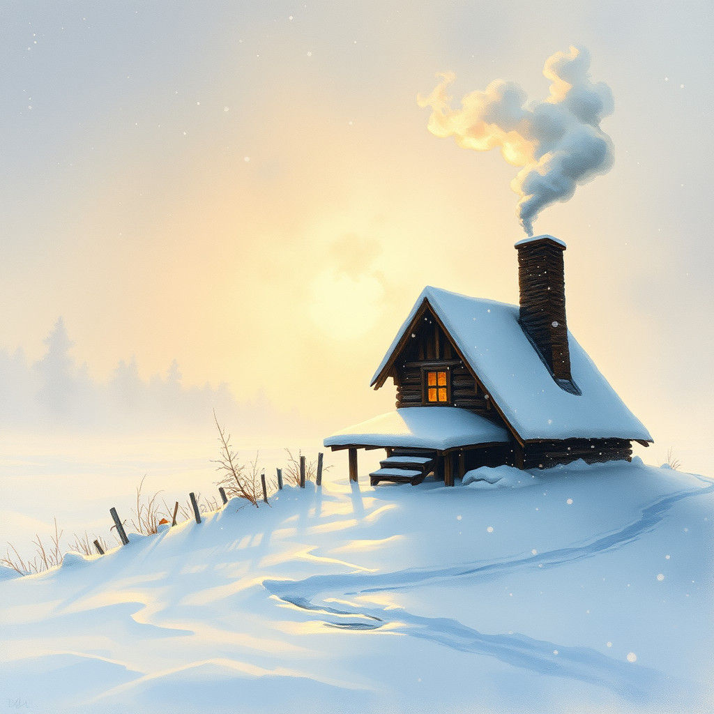 Winter Cabin in Blizzard: Impressionistic Rustic Realism