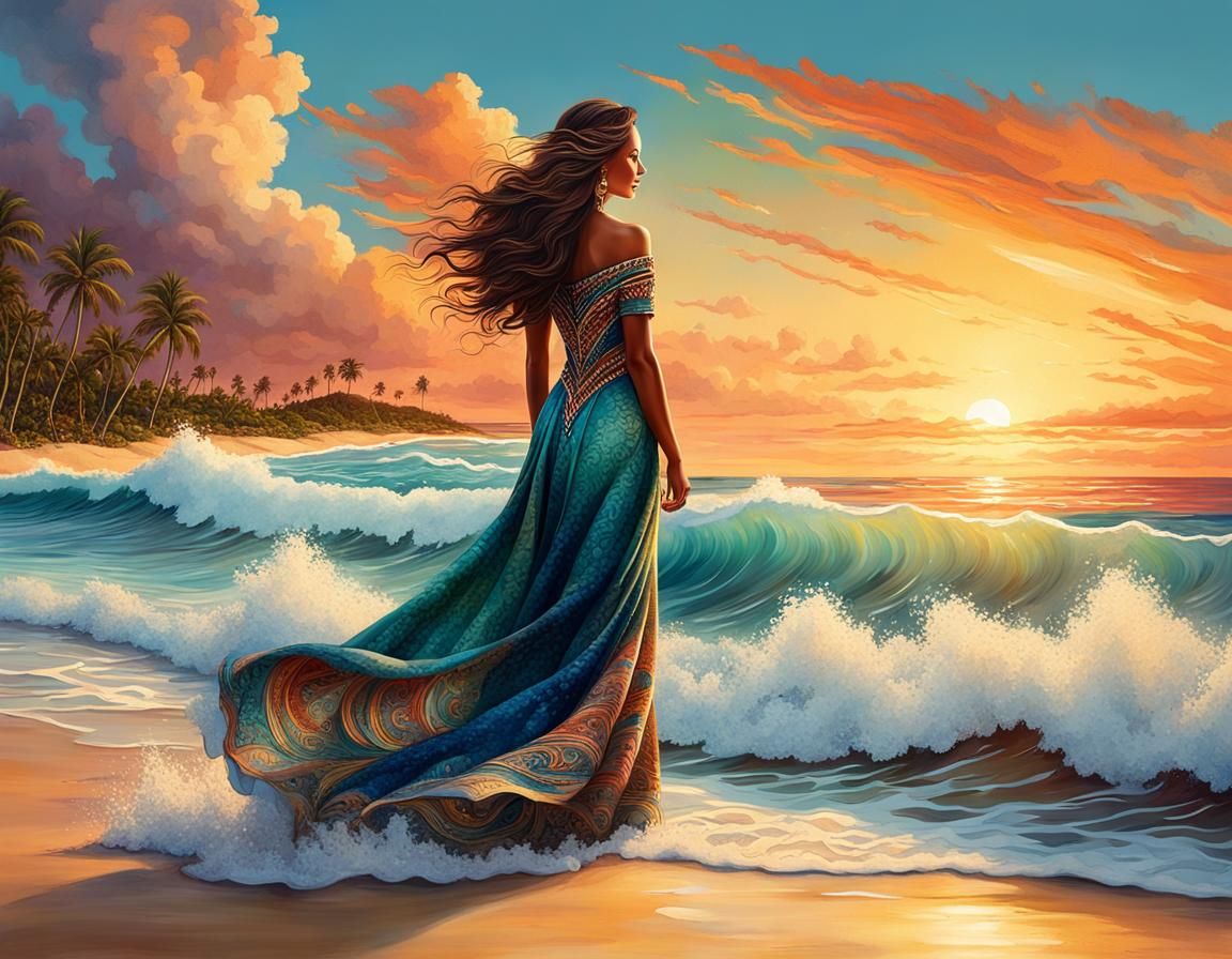 Fairytale Woman on Ocean Waves at Sunset