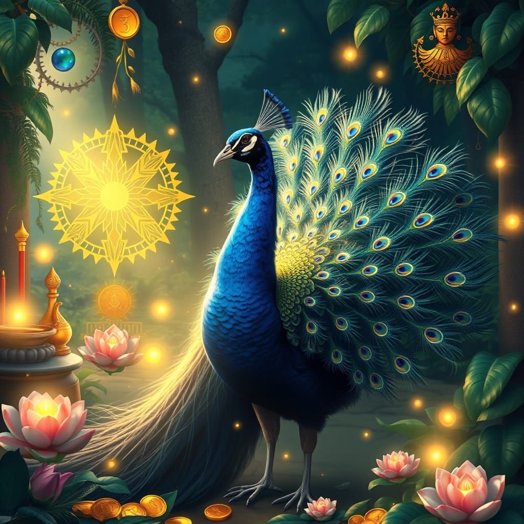 Peacock in Mythic Garden with Iridescent Feathers