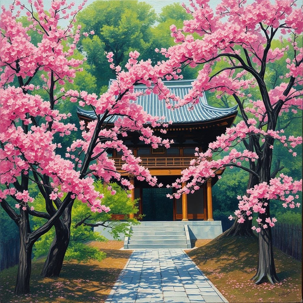 Serene Temple in Verdant Landscape as Impressionist Painting