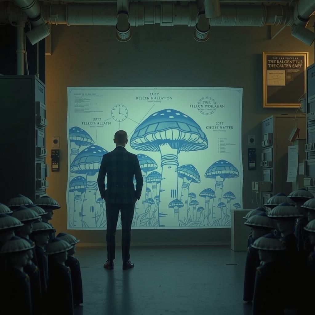 Porcelain Bureaucrats Counting Mushrooms in Dystopian Landsc...