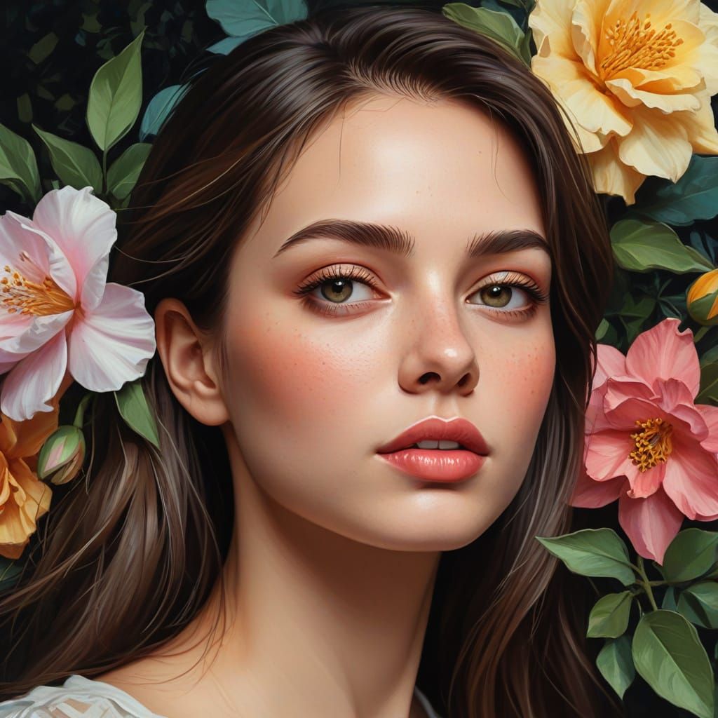 Vintage Oil Painting of a Woman Surrounded by Vibrant Flower...