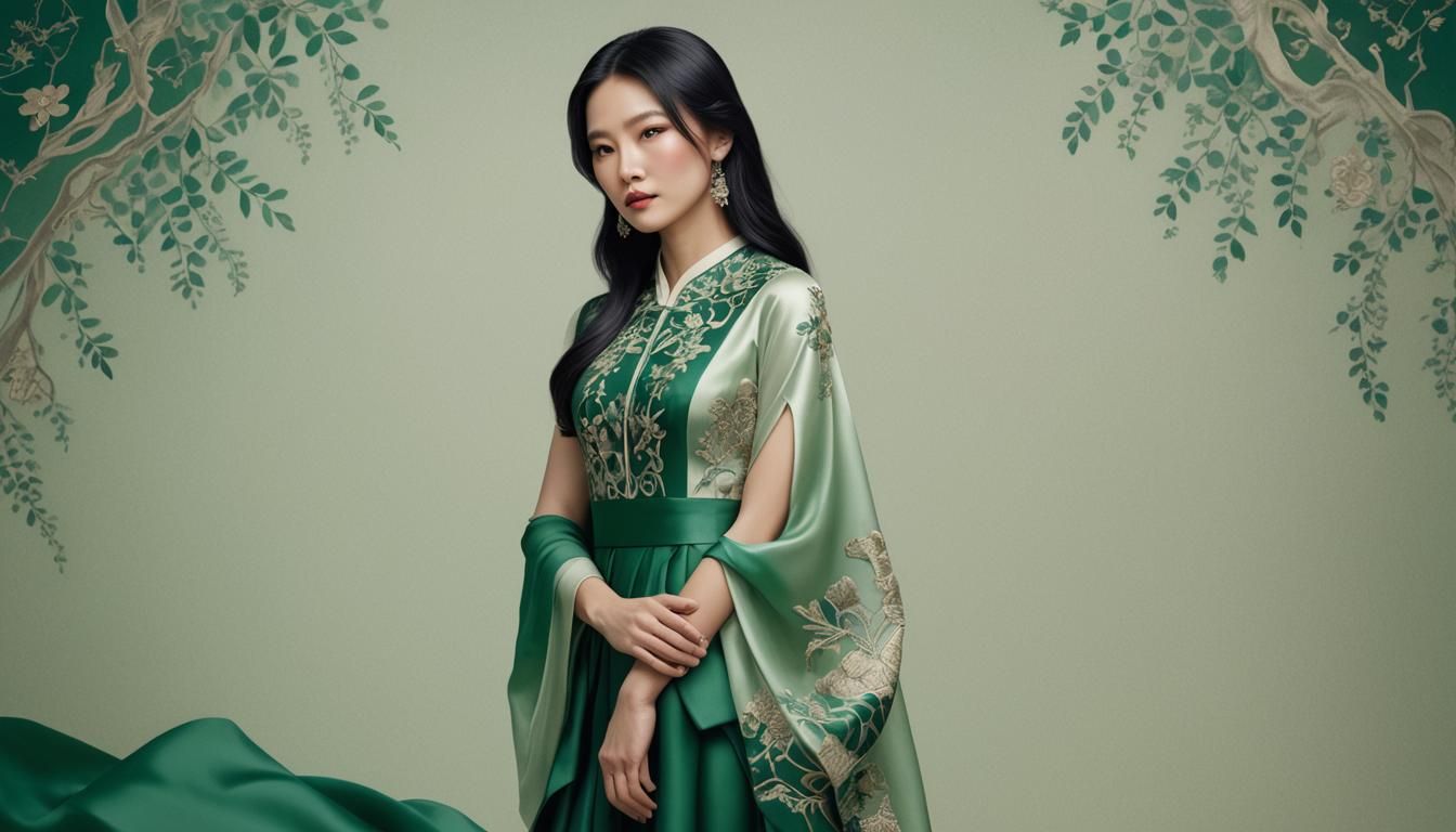Emerald Elegance: Asian Woman in Silk Dress