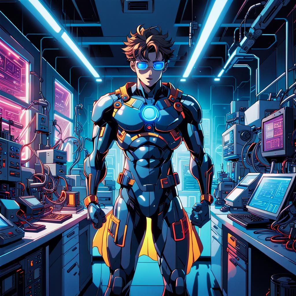 Anime Superhero in High-Tech Lab, Cel-Shaded Style