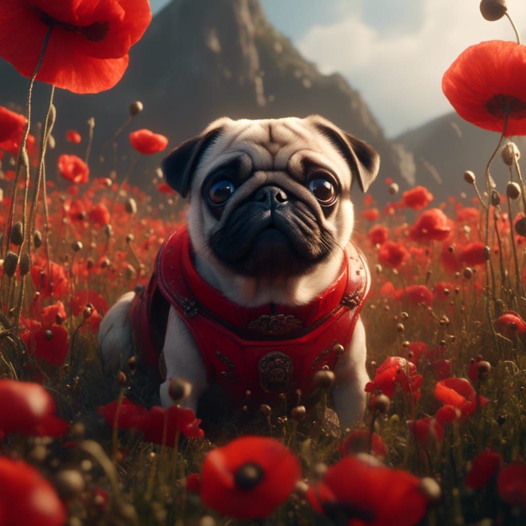 Pug in Poppy Field: Detailed Matte Painting