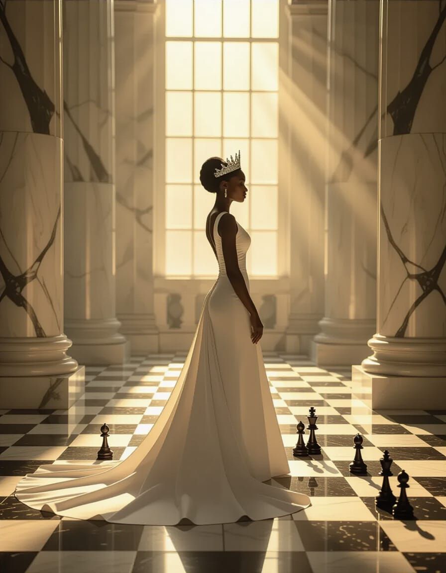 Vulnerable Black Queen in Vast Marble Chamber