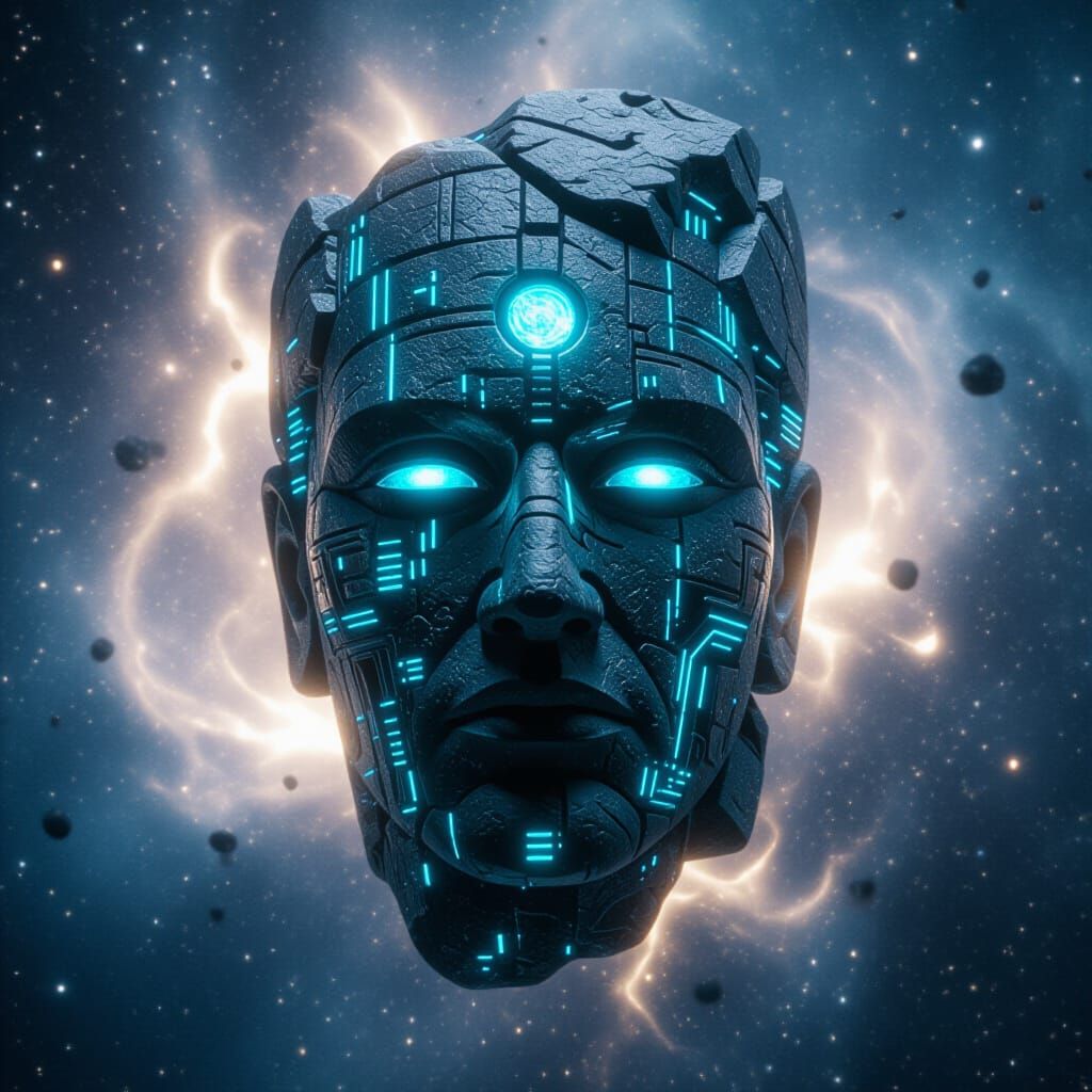 Ancient Obsidian Face with Cybernetic Circuits in Cosmic Vor...