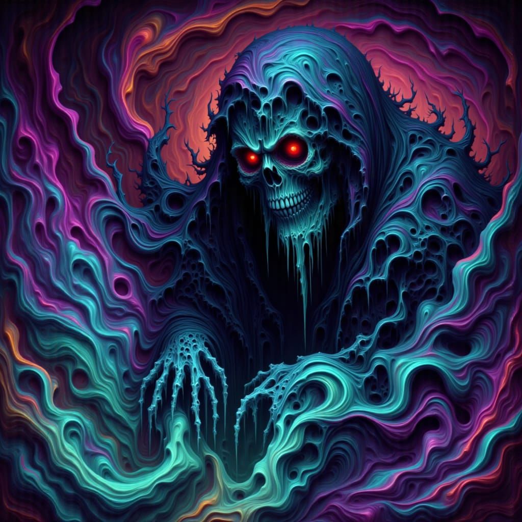 Florescent Psychedelic Grim Reaper Looking Exhausted