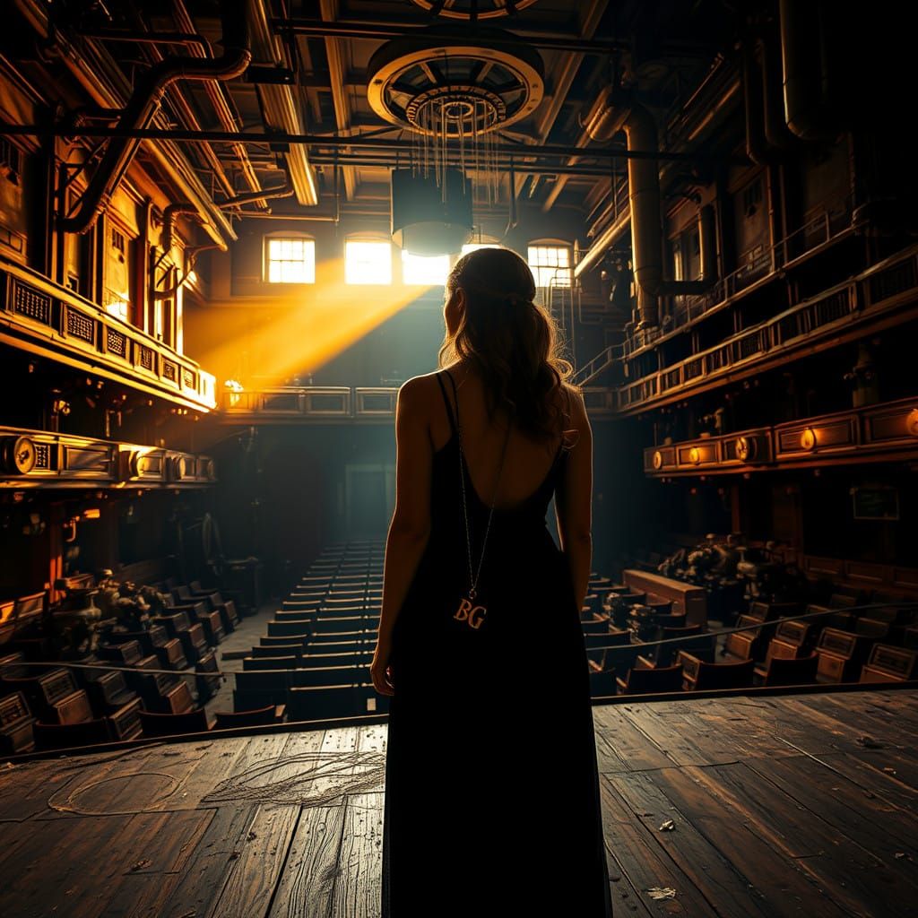 Mystical Industrial Theater with Warm Golden Light