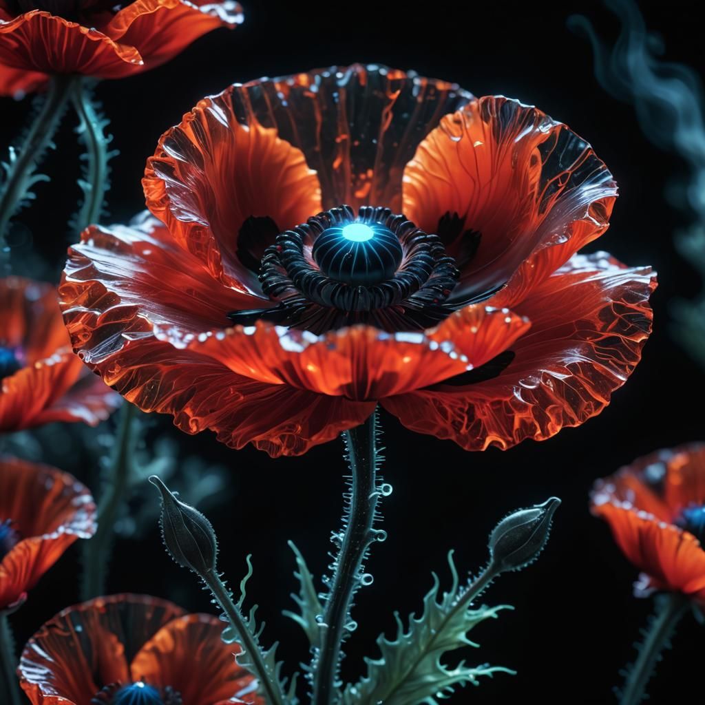 Luminous Crystal Poppy in Black Light Art