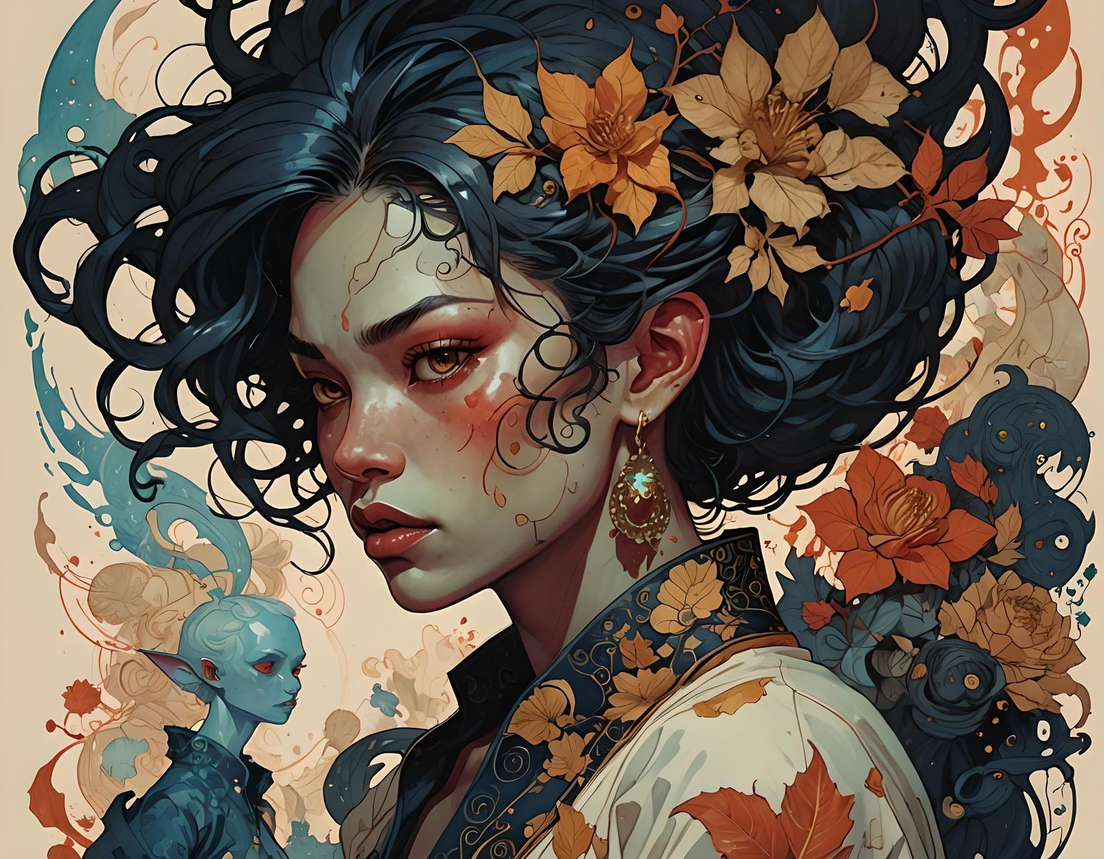 Night Demon Woman in Mixed Media Style