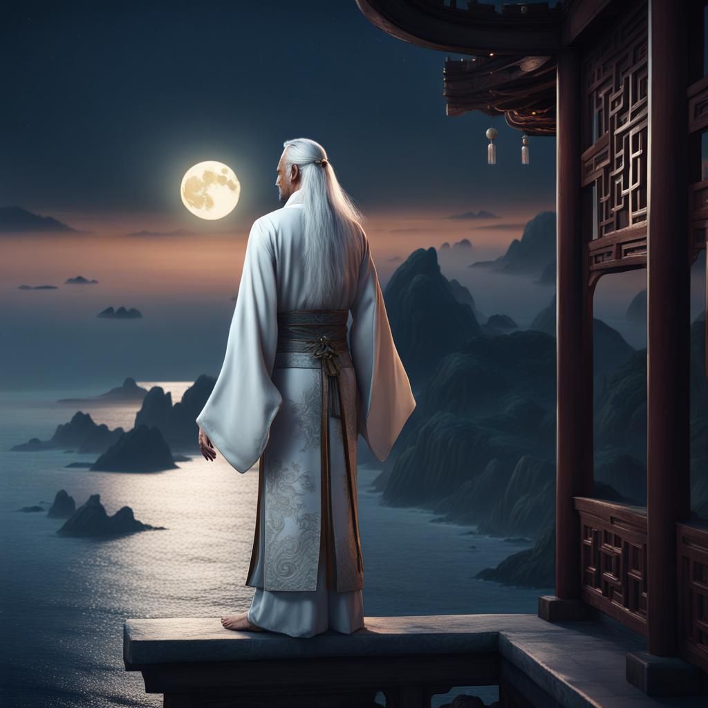Chinese Man in Flowing Robes Gazing at Moonlit Sea