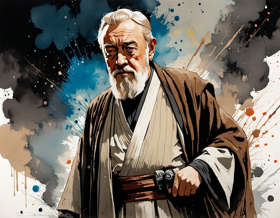 Watercolor Illustration of Old Obi-Wan with Textured Details