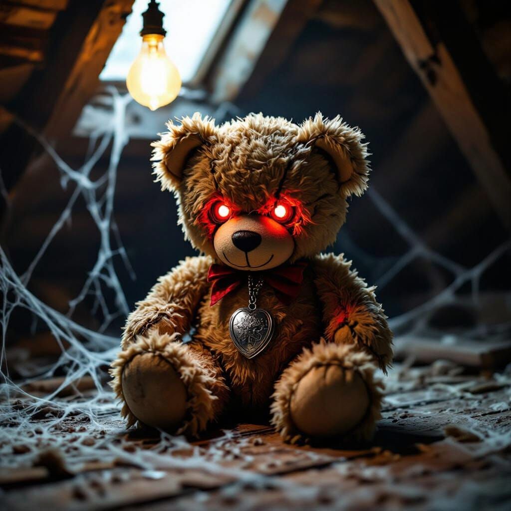 Sinister Teddy Bear with Glowing Red Eye in Gothic Horror St...