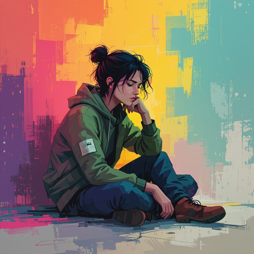Person Lost in Thought Amidst Vibrant Colors