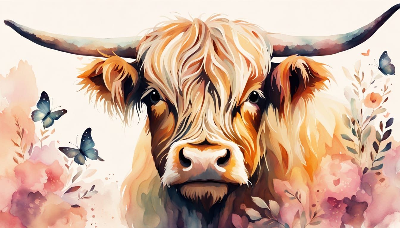 Whimsical Highland Cow Portrait in Watercolor