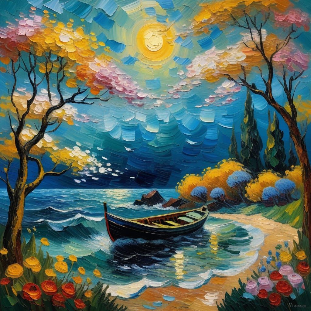 Magical Forest Meets Stormy Seas: Oil Painting
